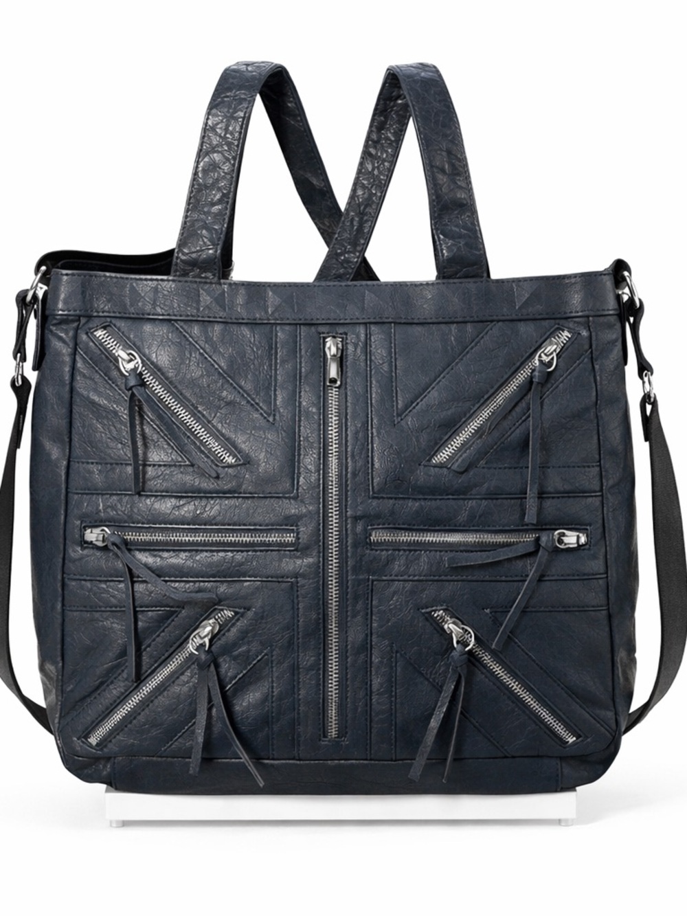 RELIGION Women's Navy Blue Faux Leather Unity Zip Shoulder Bag NWT